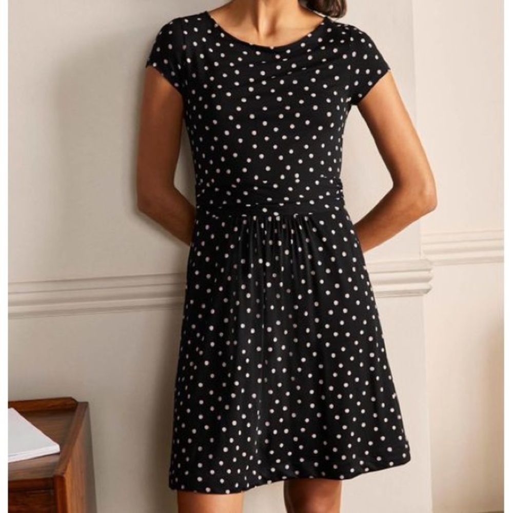 Boden Amelie Stretch Jersey Dress Polka Dot Black Pink 8